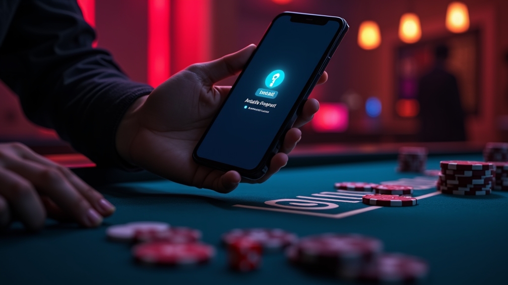 شاشة تثبيت APK على هاتف فوق طاولة كازينو مظلمة