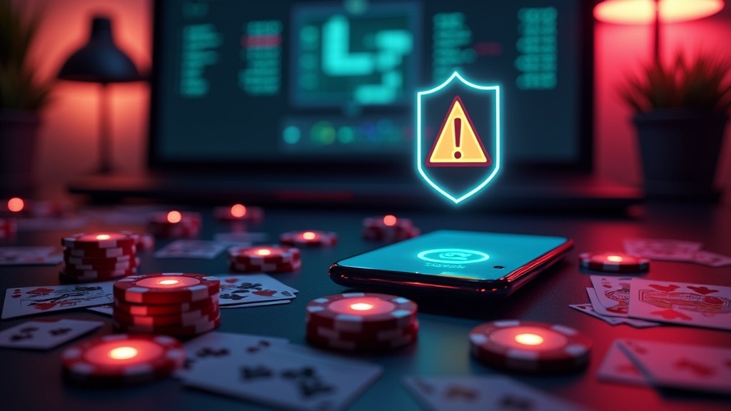 هاتف بجانب ملفات APK وتحذيرات داخل أجواء كازينو مظلمة
