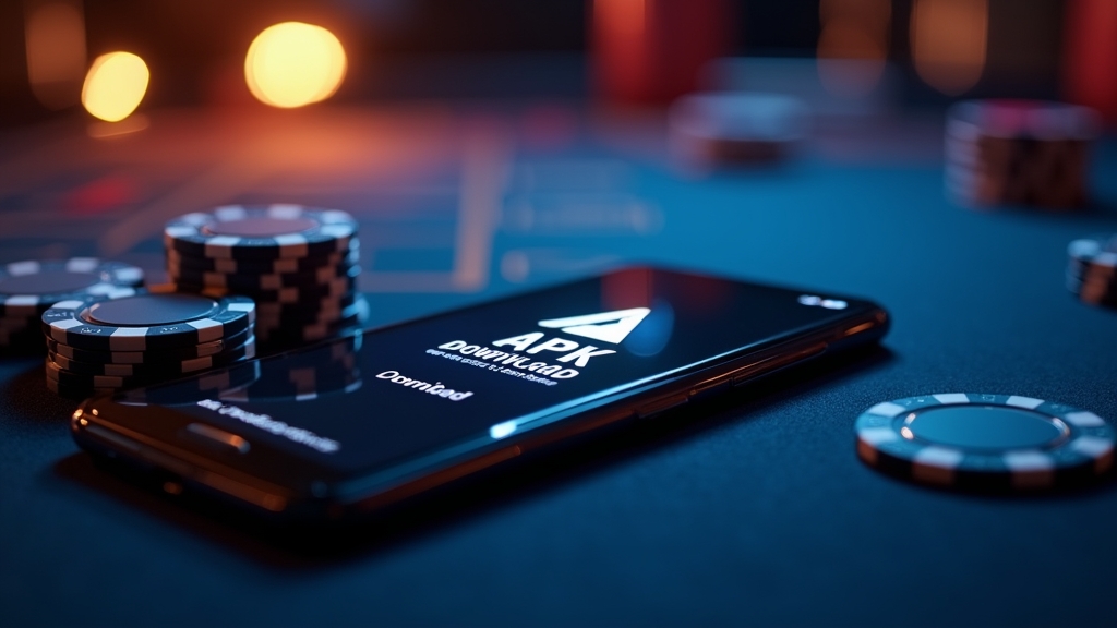 هاتف أندرويد يعرض تنزيل APK داخل أجواء كازينو مظلمة